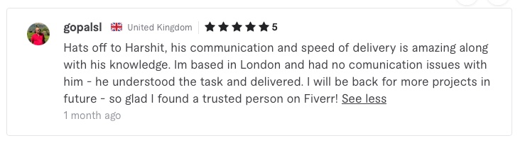5-star Fiverr review from gopalsl (United Kingdom)